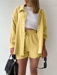 Texture Button Up Shirt and Drawstring Shorts Set