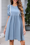 Ruffled Round Neck Short Sleeve Denim Dress