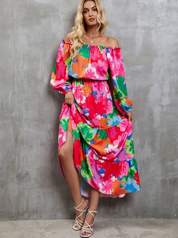 Printed Off-Shoulder Balloon Sleeve Tiered Dress