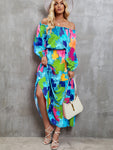 Printed Off-Shoulder Balloon Sleeve Tiered Dress