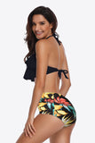 Two-Tone Ruffled Halter Neck Two-Piece Swimsuit