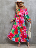 Printed Off-Shoulder Balloon Sleeve Tiered Dress