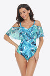 Botanical Print Cold-Shoulder Layered One-Piece Swimsuit