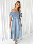 Off-Shoulder Balloon Sleeve Denim Dress