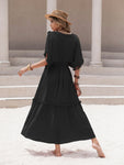 Tassel Trim Smocked V-Neck Short Sleeve Dress