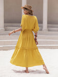 Tassel Trim Smocked V-Neck Short Sleeve Dress