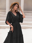 Tassel Trim Smocked V-Neck Short Sleeve Dress