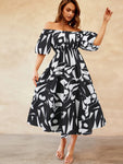 Printed Off-Shoulder Balloon Sleeve Dress