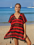 Tassel Openwork Striped V-Neck Cover Up