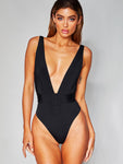 Plunge Wide Strap Sleeveless One-Piece Swimwear