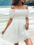 Smocked Eyelet Off-Shoulder Mini Dress