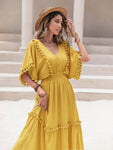 Tassel Trim Smocked V-Neck Short Sleeve Dress