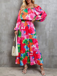 Printed Off-Shoulder Balloon Sleeve Tiered Dress