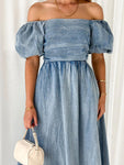 Off-Shoulder Balloon Sleeve Denim Dress