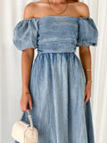 Off-Shoulder Balloon Sleeve Denim Dress