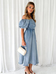 Off-Shoulder Balloon Sleeve Denim Dress