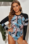 Botanical Print Zip Up Long Sleeve One-Piece Swimsuit