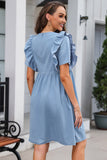 Ruffled Round Neck Short Sleeve Denim Dress