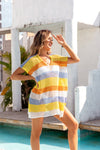 Openwork Striped V-Neck Short Sleeve Cover Up